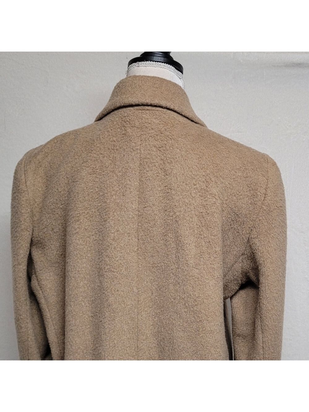 80s Vintage Jones New York Tan Pure Wool Notched Collar Longline Trench Coat XL - Picture 8 of 14